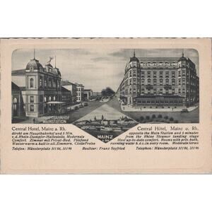 Mainz Zentral Hotel Germany 1930 Inset View Rhine River Postcard
